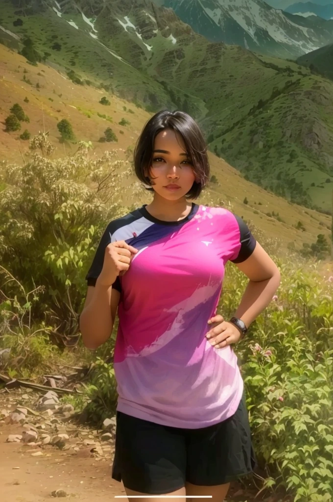 Women jersey a pink colours with mountains as background, nivanh chanthara, in the mountains, big bobs, bobs, bobs,