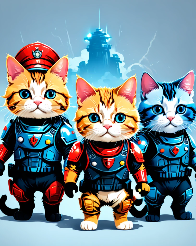 Create a group of cats dressed as members of the Storm Troppers, involved in adorable adventures. , simple background, t-shirt design