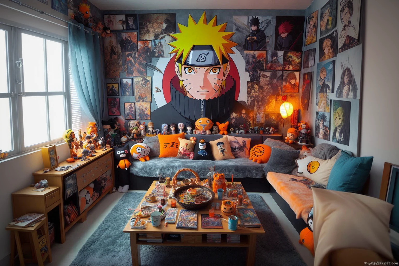 room decorated with naruto stuff in anime style