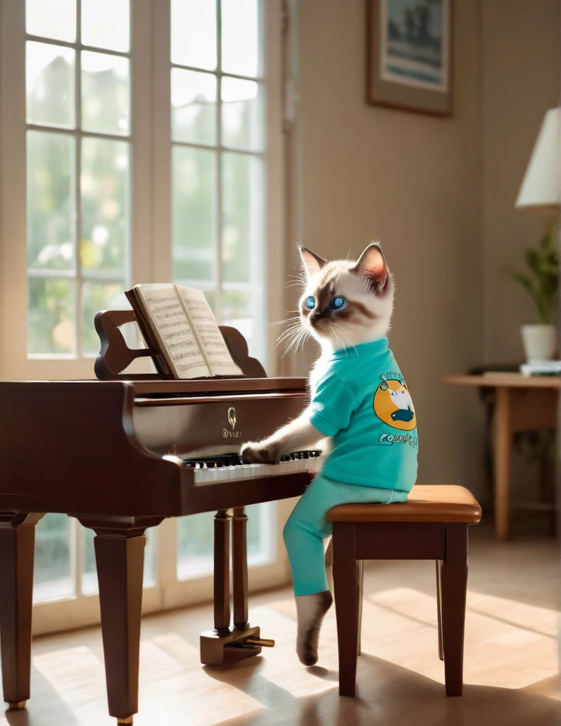 An anthropomorphic image of a human kitten, Persian Siamese kitten standing on a wooden stool playing piano, a green t-shirt with "Opel" logo and short light blue pants, in a cozy room, with his hands gently placed on the piano, while appearing to direct a silent piano performance. Soft morning light streams in through the window, casting a warm glow on the scene. The cat's expression is concentrated, the whiskers move with concentration, as if lost in the melody, full HD, 8k full shot image
