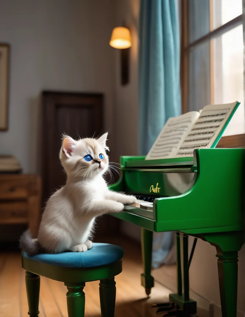 An anthropomorphic image of a human kitten, Persian Siamese kitten standing on a wooden stool playing piano, a green t-shirt with "Opel" logo and short light blue pants, in a cozy room, with his hands gently placed on the piano, while appearing to direct a silent piano performance. Soft morning light streams in through the window, casting a warm glow on the scene. The cat's expression is concentrated, the whiskers move with concentration, as if lost in the melody, full HD, 8k full shot image