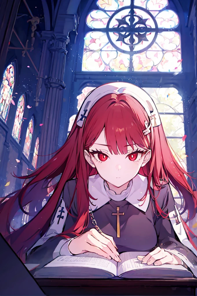 1girl, red hair, solo focus, clearly, red eyes, very long hair, stole, priest, Bishojo, church