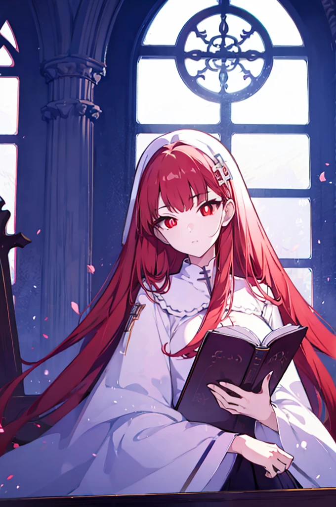 1girl, red hair, solo focus, clearly, red eyes, very long hair, stole, priest, Bishojo, church