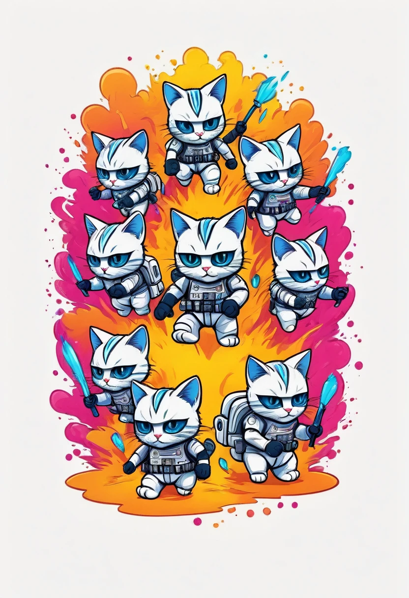 Design a group of Cats dressed as Storm Troppers members engaging in adorable adventures, flowers, vectorized contours, vivid color, splash of color, cute, illustrator, digitl art, image for t-shirt design, White background, ultra HD details, white background, tshirt design,