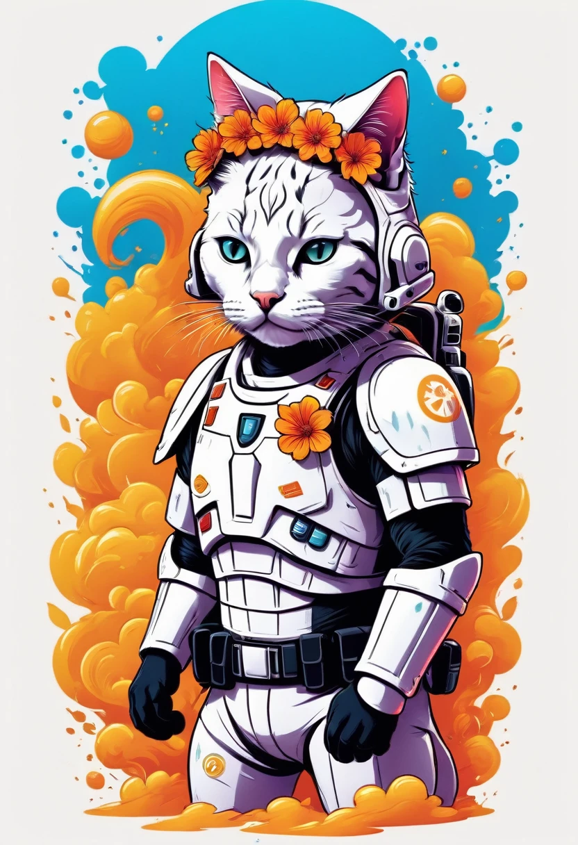 Design a group of Cats dressed as Storm Troppers members engaging in adorable adventures, flowers, vectorized contours, vivid color, splash of color, cute, illustrator, digitl art, image for t-shirt design, White background, ultra HD details, white background, tshirt design,