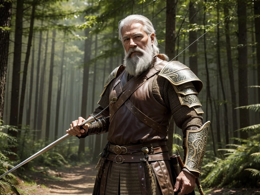 {
"prompt": "Create an image of an elderly male archer. He has a strong and dignified appearance, with a long, grey beard and weathered features showing his age and experience. He is wearing a light armor, consisting of a leather jerkin, bracers, and greaves, allowing for easy movement. His armor is adorned with intricate designs. He carries a longbow made of polished wood, and a quiver full of arrows on his back. He stands in a forest clearing, ready to draw his bow, with a determined look in his eyes.",
"size": "1024x1792"
}