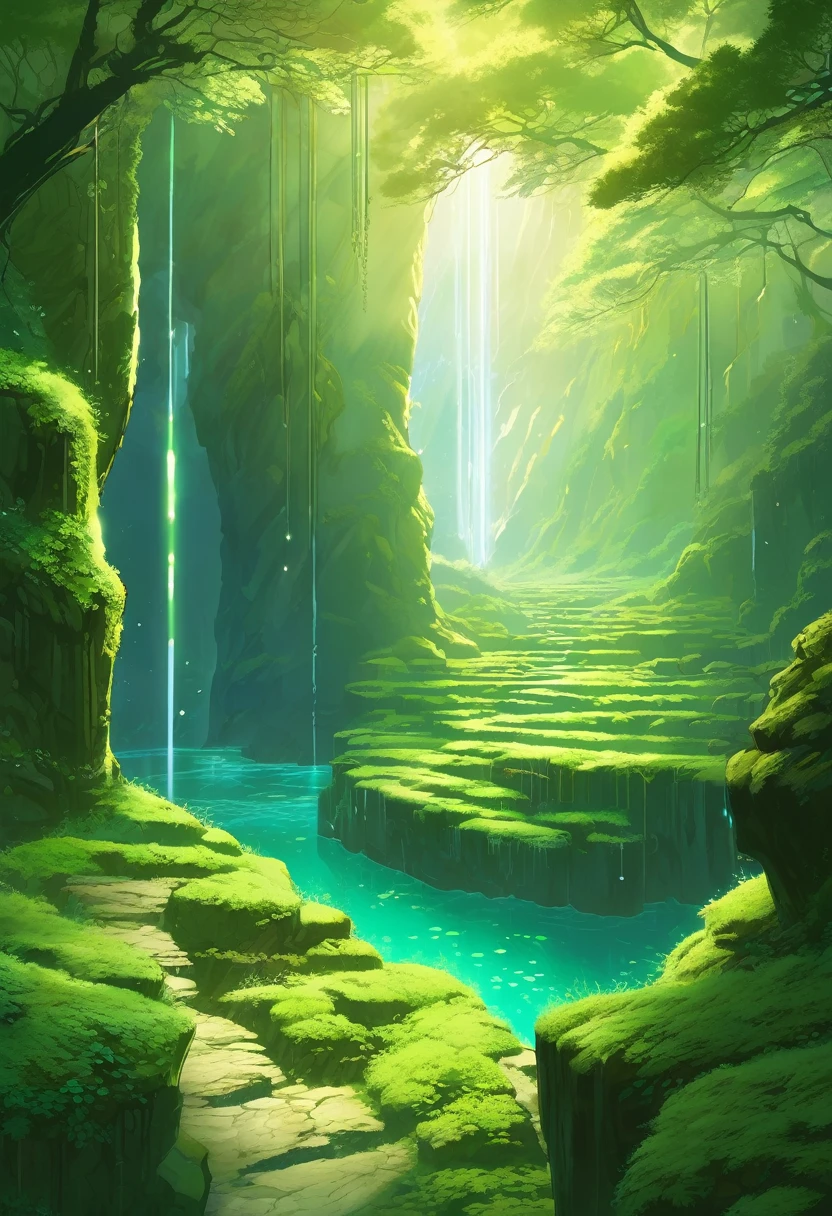 Luminescent Moss Gorge, A Luscious Valley Gorge with Bioluminescent veins flowing, Luscious Gorge, Green and Gold color scheme only, Green and Gold colors only, Green and Gold, Made in Abyss, Stormlight Archive, Studio Ghibli, Anime Key Visual, by Makoto Shinkai, Deep Color, Intricate, 8k resolution concept art, Natural Lighting, Beautiful Composition, Xianxia style