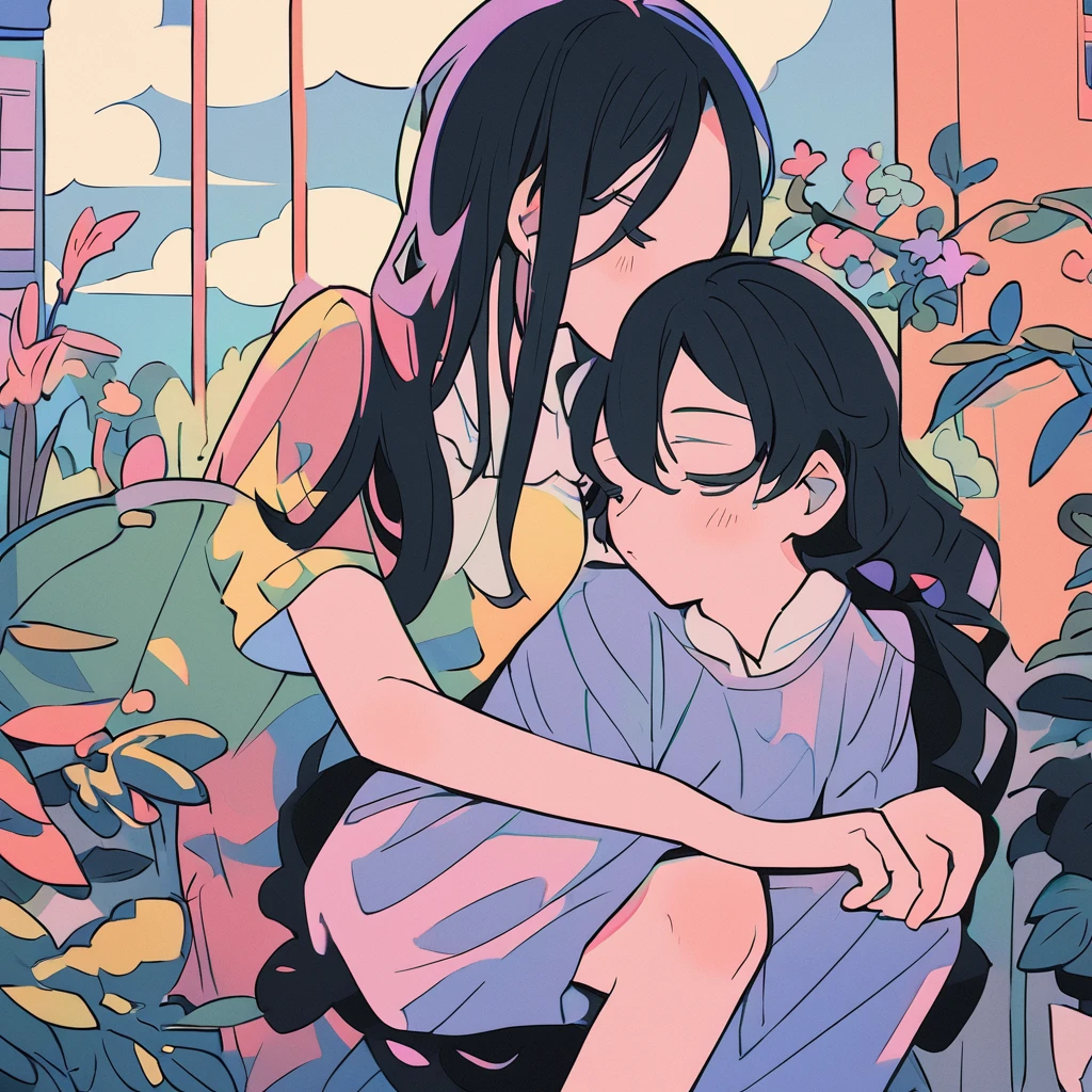 Anime style, best quality, very aesthetic, ultra-detailed, best illustration, girl with semi-long black hair, casual outfit, age 20, imagining everyday life with lover