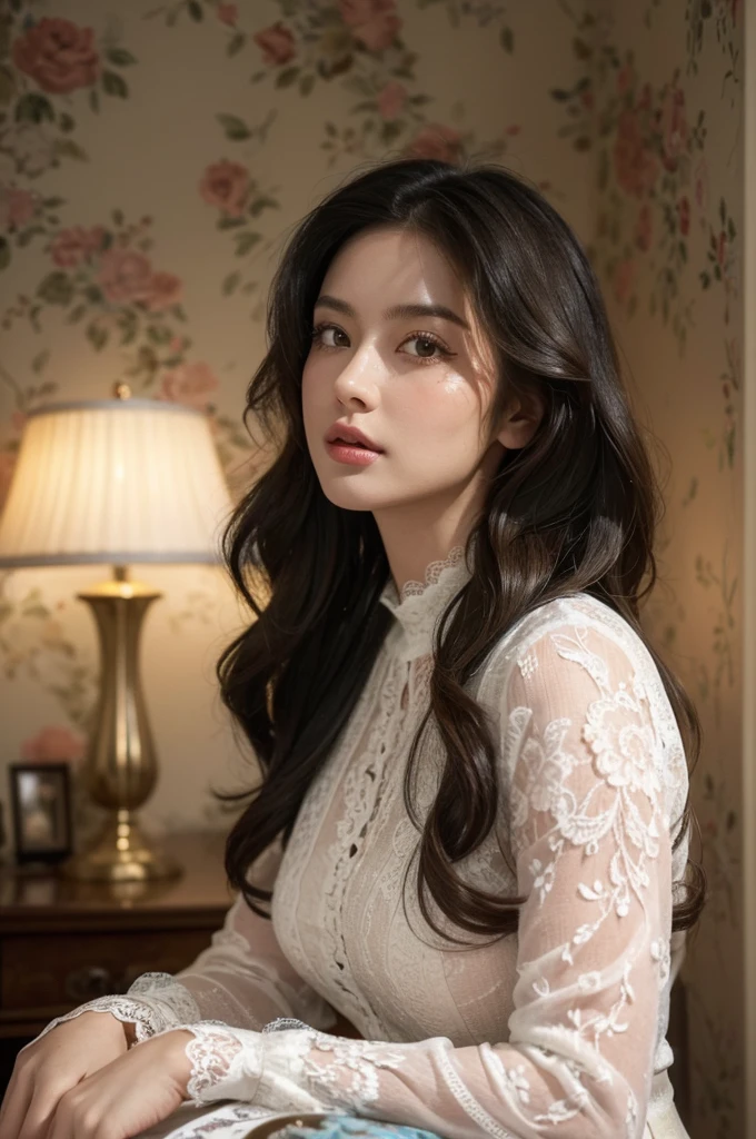 a stunningly realistic, high resolution 8K photo of a beautiful 30-year-old woman, ((messy side wave long hair)), and a glamorous figure, dramatic lighting, masterpiece, immersive atmosphere, chiaroscuro:(1.5, bright light:1.2, luminous lighting), (background blur:1.5), blurring, best quality, photorealistic, ultra-detailed, HDR, physically-based rendering, studio lighting, vivid colors, bokeh, (real skin texture:1.3), high contrast, (Fuji Color:1.5), Film grain, seductive detailed eyes and face, dynamic lighting, in the dark, deep shadow, low key, cowboy shot, Light on Face, very detailed lips, Detailed eyes, City Street,hyperdetailed face, very detailed lips, Detailed eyes, (Wear clothes that show the lines of your body),(Lace costumes:1.2), Retro atmosphere, perhaps vintage decor with pastel colors. An old living room with walls decorated with retro wallpaper, wooden furniture, vintage accessories. A warm and intimate atmosphere.