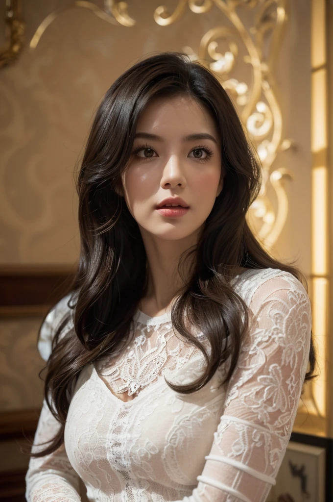 a stunningly realistic, high resolution 8K photo of a beautiful 30-year-old woman, ((messy side wave long hair)), and a glamorous figure, dramatic lighting, masterpiece, immersive atmosphere, chiaroscuro:(1.5, bright light:1.2, luminous lighting), (background blur:1.5), blurring, best quality, photorealistic, ultra-detailed, HDR, physically-based rendering, studio lighting, vivid colors, bokeh, (real skin texture:1.3), high contrast, (Fuji Color:1.5), Film grain, seductive detailed eyes and face, dynamic lighting, in the dark, deep shadow, low key, cowboy shot, Light on Face, very detailed lips, Detailed eyes, City Street,hyperdetailed face, very detailed lips, Detailed eyes, (Wear clothes that show the lines of your body),(Lace costumes:1.2), Retro atmosphere, perhaps vintage decor with pastel colors. An old living room with walls decorated with retro wallpaper, wooden furniture, vintage accessories. A warm and intimate atmosphere.