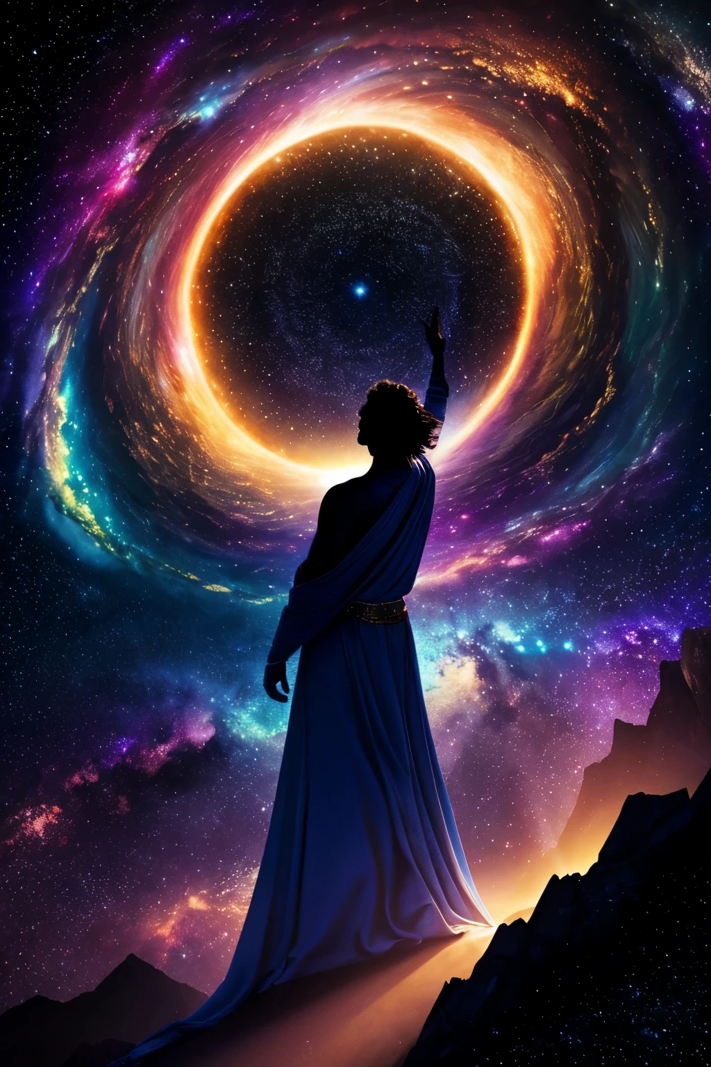 A figure stands atop a mountain peak, arms outstretched. The figure is composed of swirling golden light, suggesting transformation and ascension. The background shows a cosmic scene with stars, galaxies, and nebulae, implying vast potential and cosmic scale. Deep blues and purples for the cosmic background, with bursts of gold, white, and iridescent colors for the central figures and celestial elements.