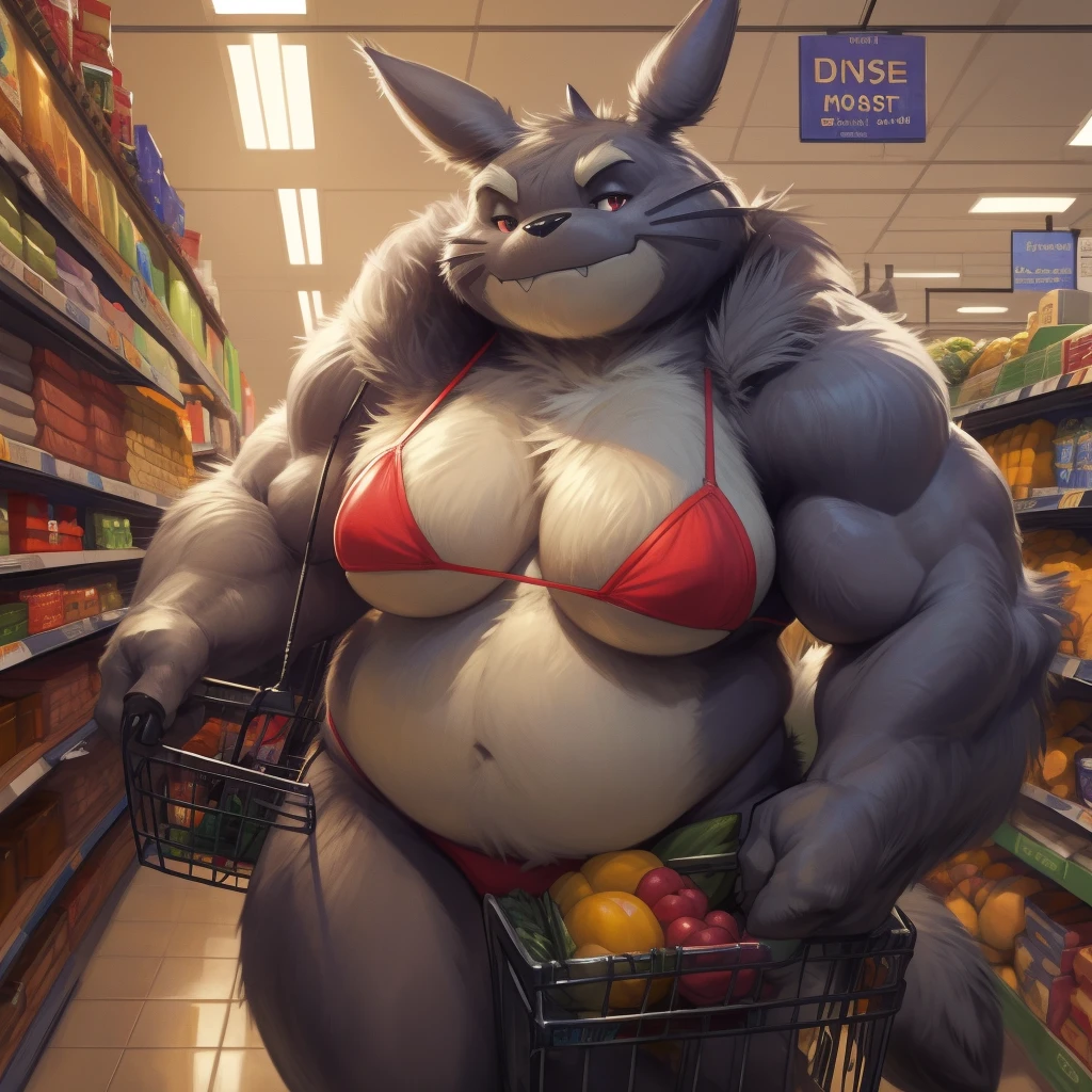  high resolution, (masterpiece:1.4), (totoro), female, chubby, high detail eyes, (bikini:1.2),(grocery:1.2),detailed backround,big_totoro, by darkgem, by duase,