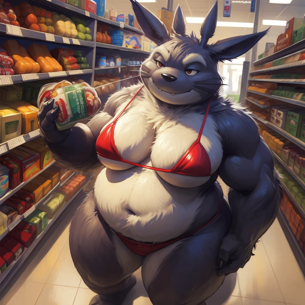  high resolution, (masterpiece:1.4), (totoro), female, chubby, high detail eyes, (bikini:1.2),(grocery:1.2),detailed backround,big_totoro, by darkgem, by duase,