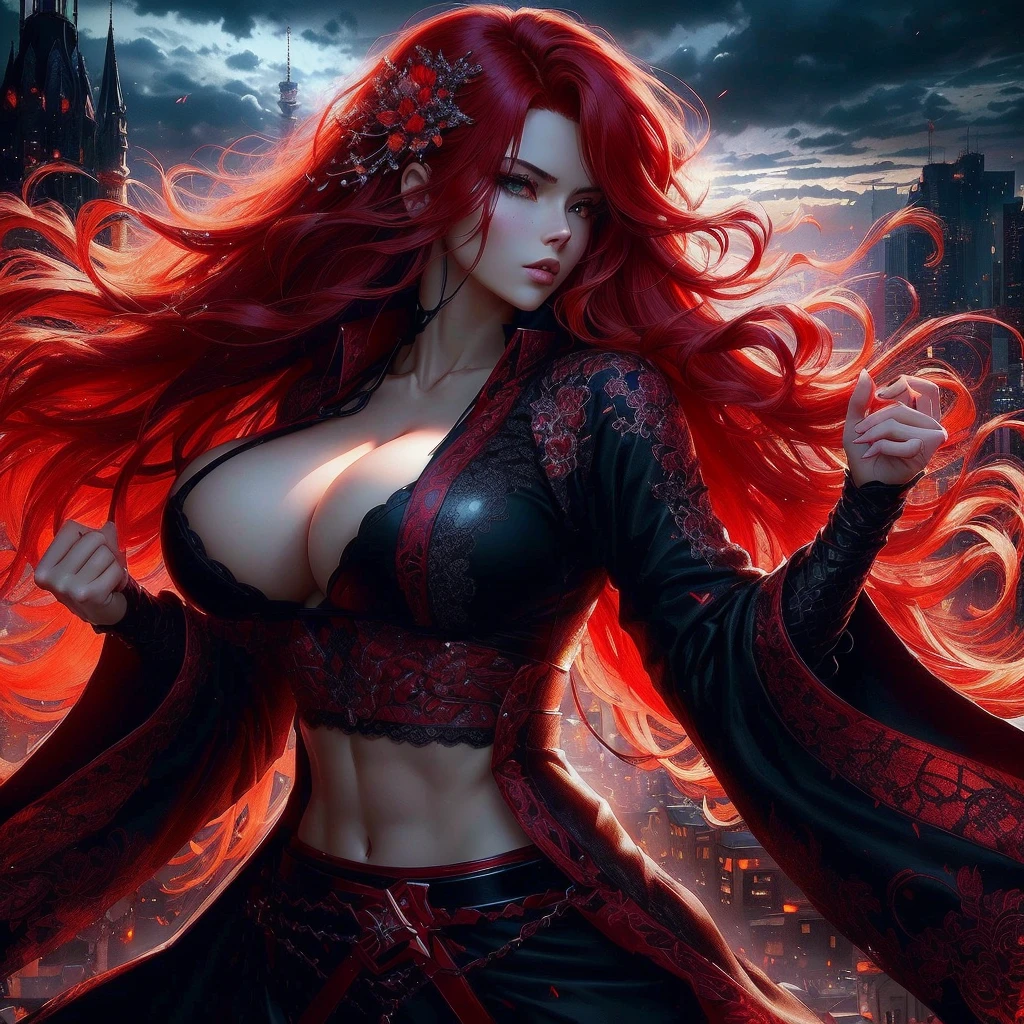 a woman with red hair and a black outfit is standing in front of a city, badass anime 8 k, anime style 4 k, seductive dark fantasy, anime rt, anime fantasy artwork, 4k fantasy art, dark fantasy art, digital anime art, alena aenami and artgerm, 2. 5 d cgi anime fantasy artwork, large breasts, black lace bra, abs