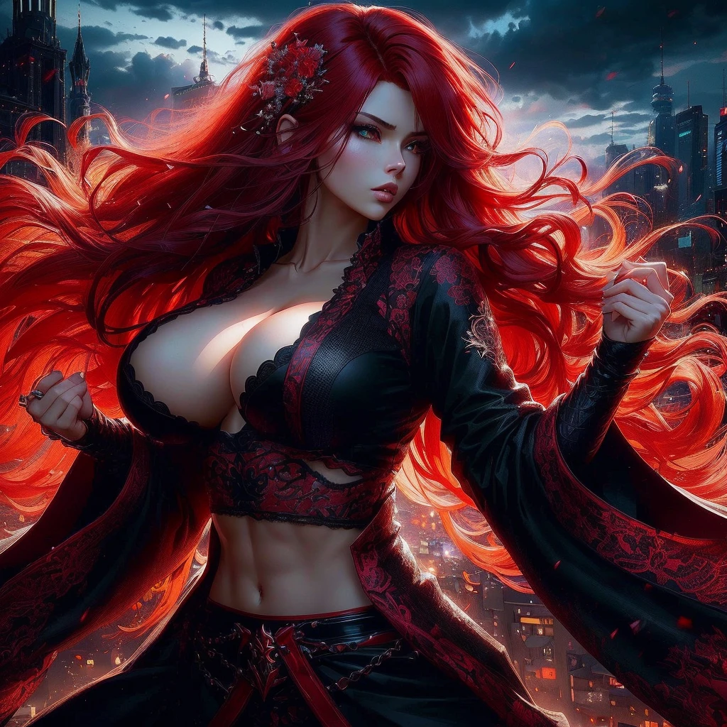 a woman with red hair and a black outfit is standing in front of a city, badass anime 8 k, anime style 4 k, seductive dark fantasy, anime rt, anime fantasy artwork, 4k fantasy art, dark fantasy art, digital anime art, alena aenami and artgerm, 2. 5 d cgi anime fantasy artwork, large breasts, black lace bra, abs