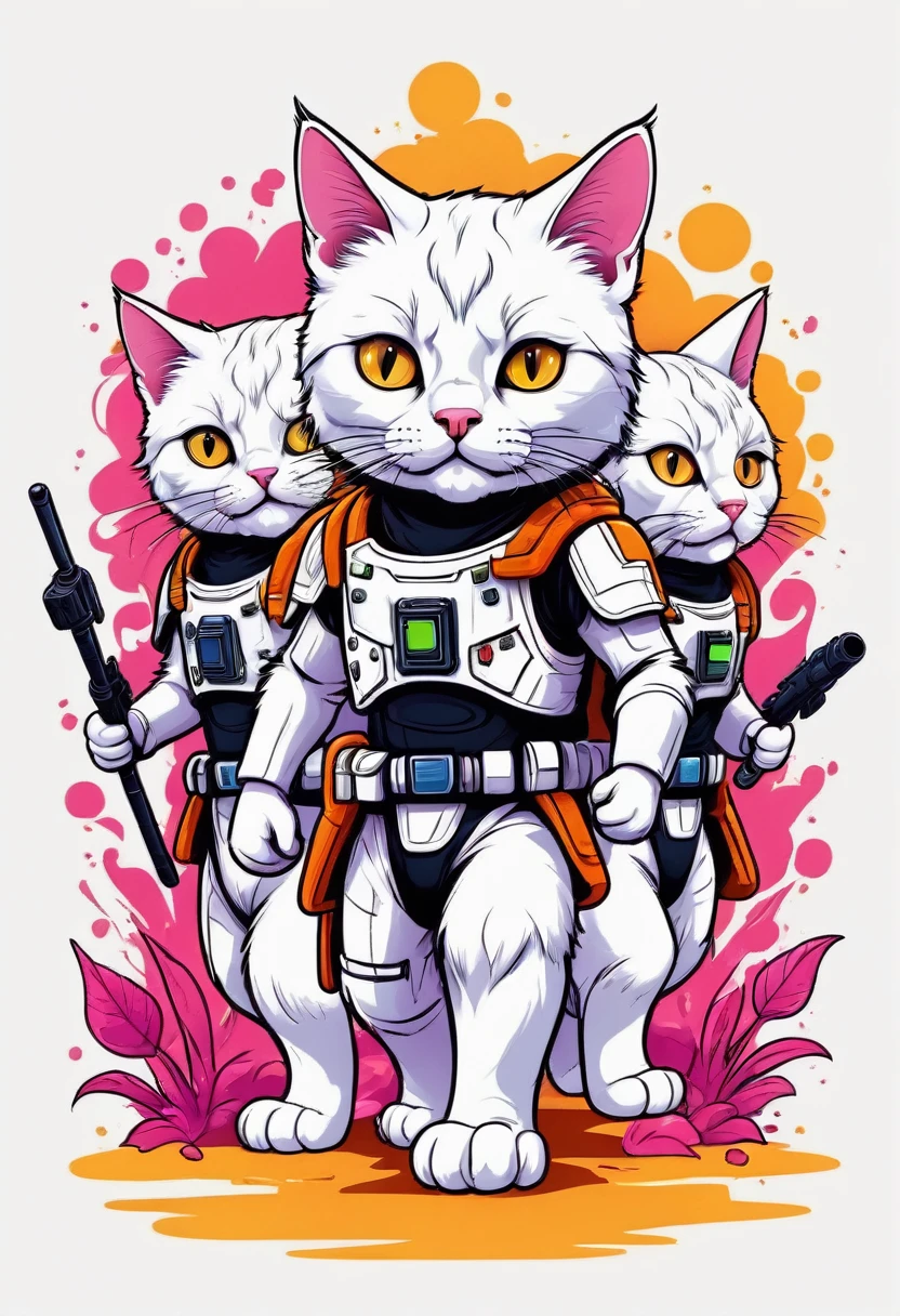 Design a group of Cats dressed as Storm Troppers members engaging in adorable adventures, flowers, vectorized contours, vivid color, splash of color, cute, illustrator, digitl art, image for t-shirt design, White background, ultra HD details, white background, tshirt design,