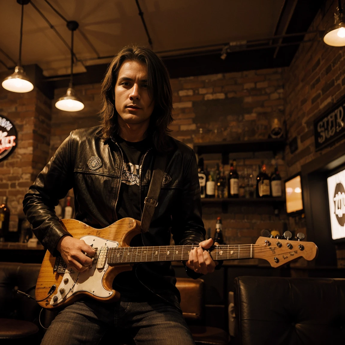A rock guitarist in a bar playing rock