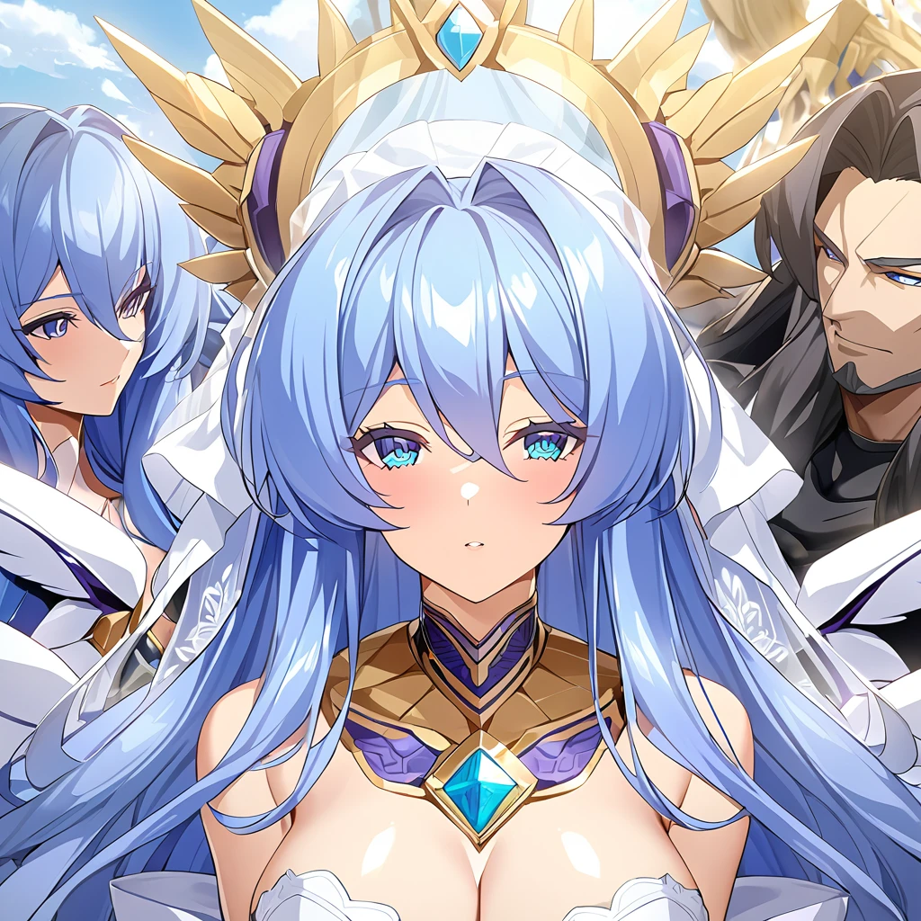 ((Highest quality)), ((masterpiece)), (detailed), (Perfect Face)、The woman embraces Zeus, the great, strong, bearded old man who is the chief god of Greek mythology, kisses him in oath, and gets married in heaven.、Women are messengers of God and great angels.6Archangel and goddess Extia with wings and a shining halo above her head.、The woman is the beautiful Queen of the Gods, Goddess Extia, with medium-long blue hair. She is wearing a gorgeous white wedding dress with gold embroidery and trim, a white wedding veil, an engagement ring, and gorgeous accessories. She is an elegant goddess and a beautiful queen of the gods.
