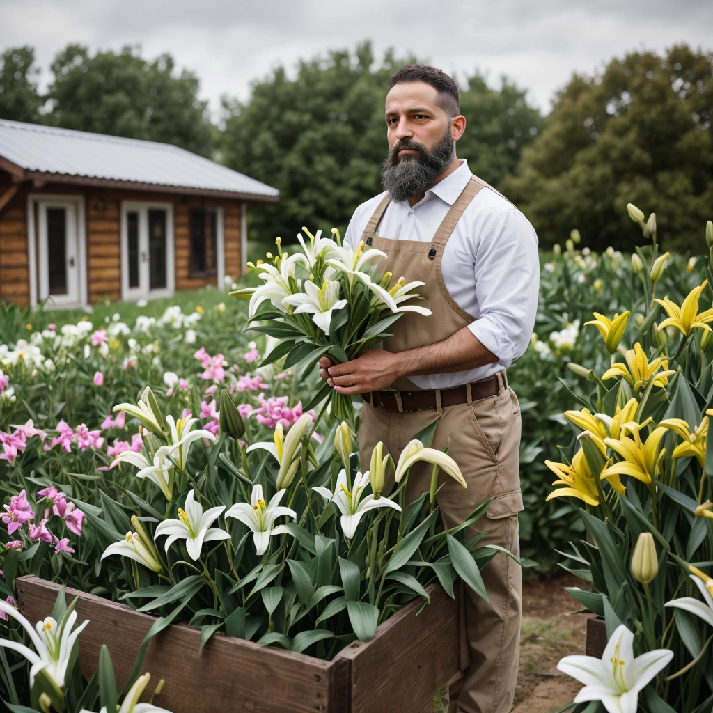 Male, 38 years old, Jewish, straight, short hair, brown hair, curly hair, full beard, purity, carpenter profession, carpenter clothing, focus, face and hands, scenery of various flowers, lilies, hands holding bunch of lilies, 8k, brute, St. Joseph