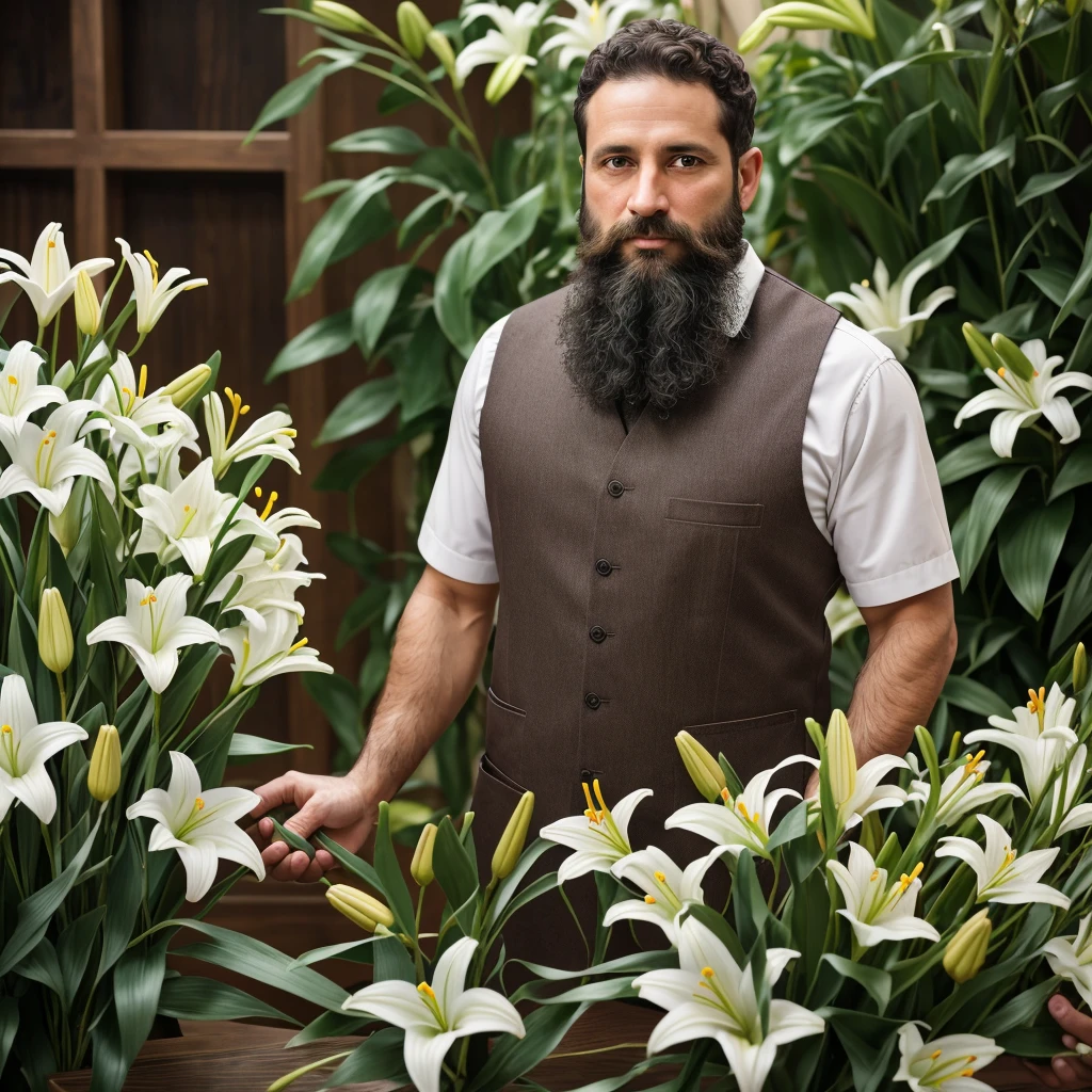 Male, 38 years old, Jewish, straight, short hair, brown hair, curly hair, full beard, purity, carpenter profession, carpenter clothing, focus, face and hands, scenery of various flowers, lilies, hands holding bunch of lilies, 8k, brute, St. Joseph