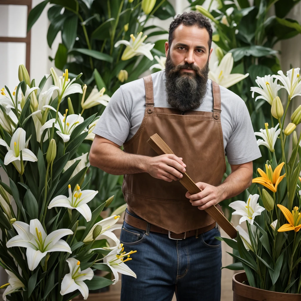 Male, 38 years old, Jewish, straight, short hair, brown hair, curly hair, full beard, purity, carpenter profession, carpenter clothing, focus, face and hands, scenery of various flowers, lilies, hands holding bunch of lilies, 8k, brute, St. Joseph