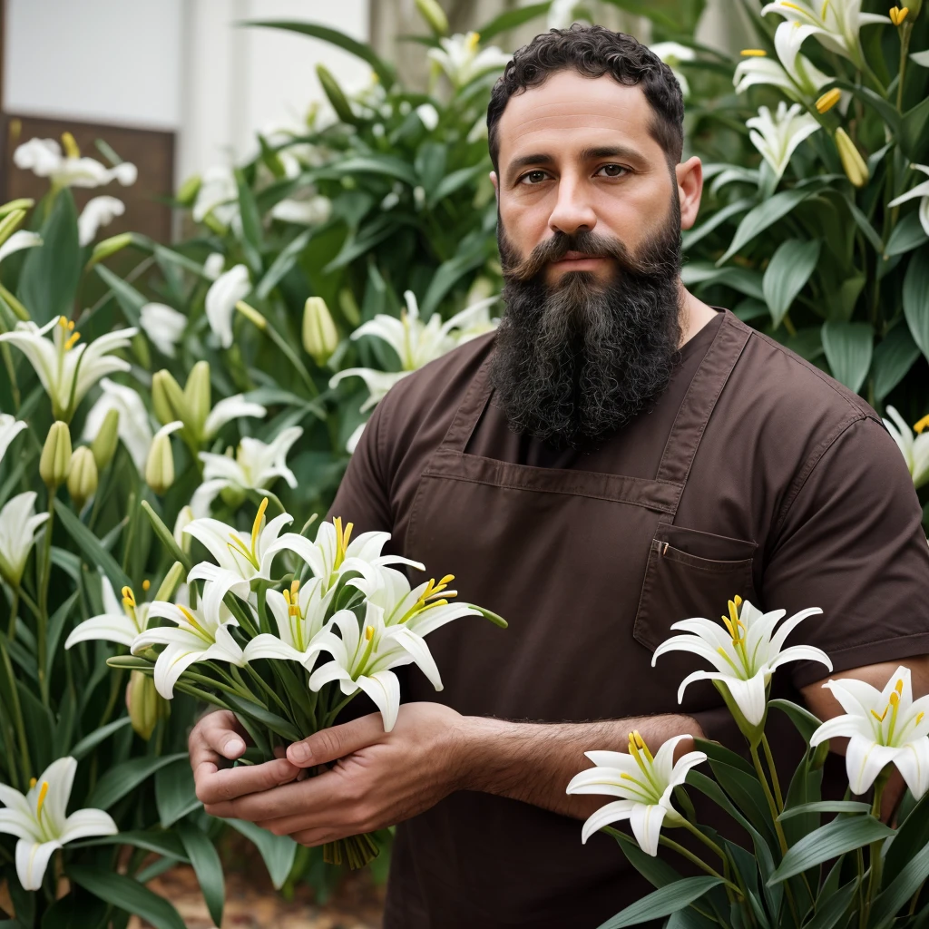 Male, 38 years old, Jewish, straight, short hair, brown hair, curly hair, full beard, purity, carpenter profession, carpenter clothing, focus, face and hands, scenery of various flowers, lilies, hands holding bunch of lilies, 8k, brute, St. Joseph