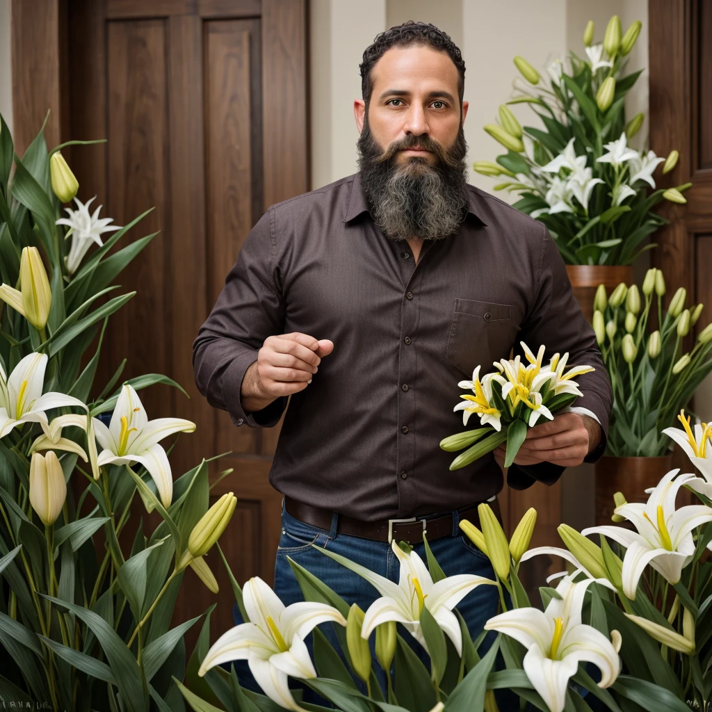 Male, 38 years old, Jewish, straight, short hair, brown hair, curly hair, full beard, purity, carpenter profession, carpenter clothing, focus, face and hands, scenery of various flowers, lilies, hands holding bunch of lilies, 8k, brute, St. Joseph