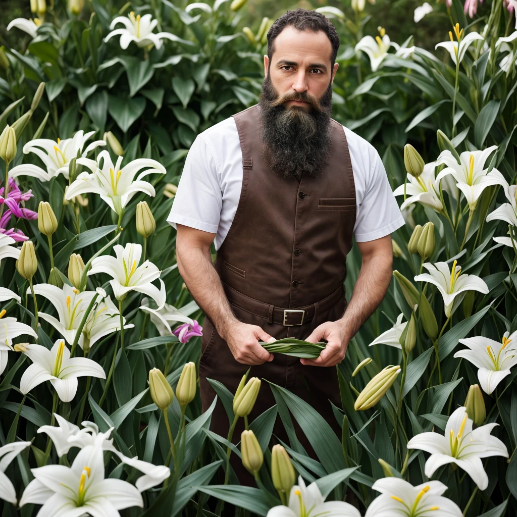 Male, 38 years old, Jewish, straight, short hair, brown hair, curly hair, full beard, purity, carpenter profession, carpenter clothing, focus, face and hands, scenery of various flowers, lilies, hands holding bunch of lilies, 8k, brute, St. Joseph
