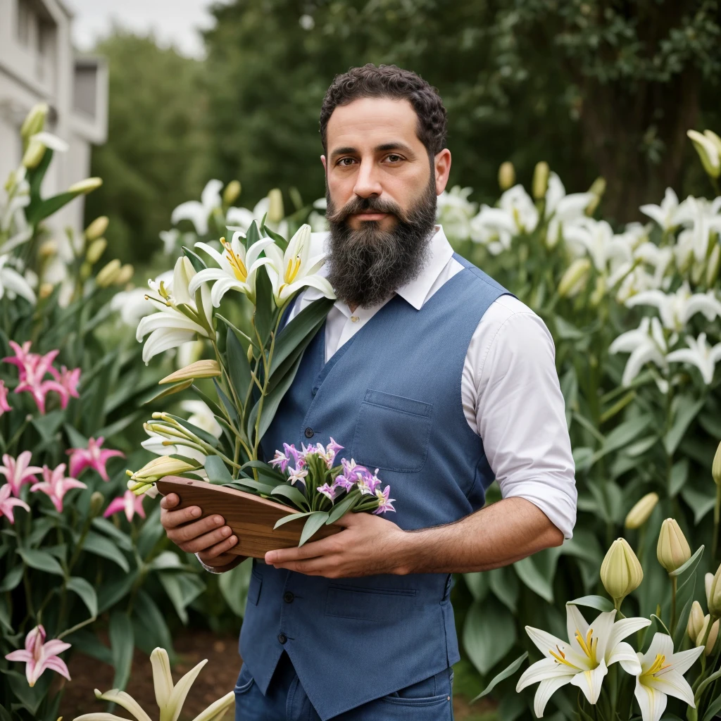 Male, 38 years old, Jewish, straight, short hair, brown hair, curly hair, full beard, purity, carpenter profession, carpenter clothing, focus, face and hands, scenery of various flowers, lilies, hands holding bunch of lilies, 8k, brute, St. Joseph