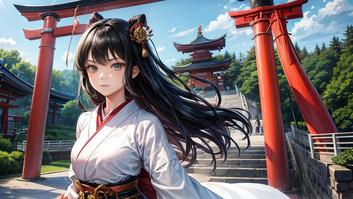 18-year-old girl、Black hair that grows to the waist、Japanese Armor、Japanese clothing、Serious expression、Holding a naginata、Daytime forest、Large Torii Gate