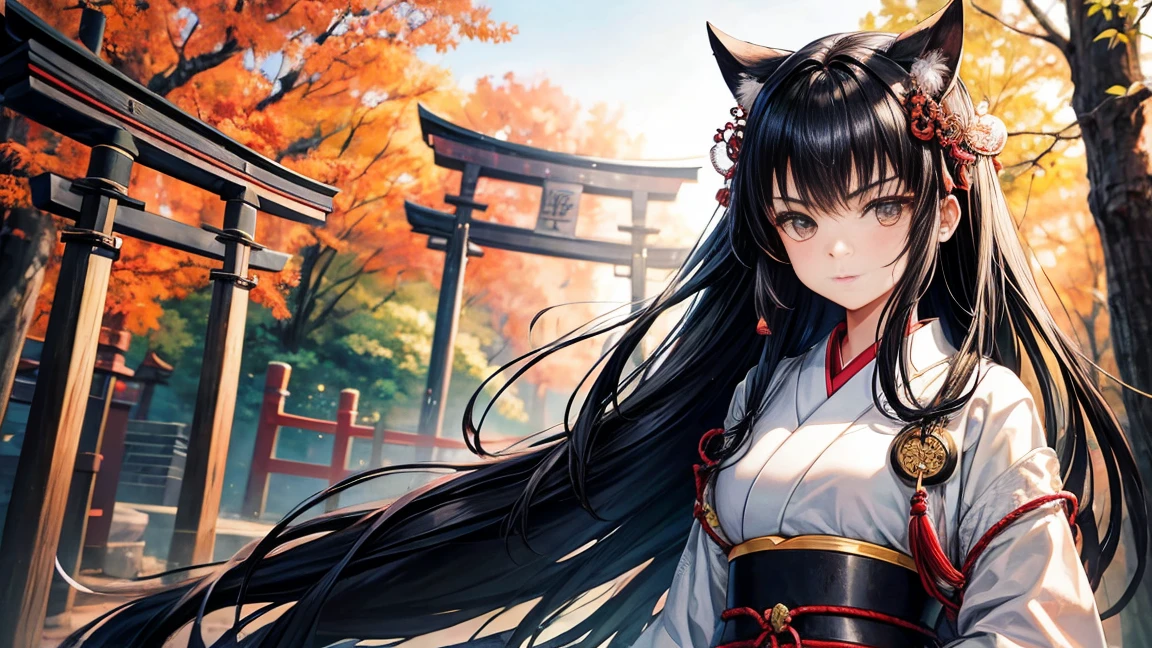 18-year-old girl、Black hair that grows to the waist、Japanese Armor、Japanese clothing、Serious expression、Holding a naginata、Daytime forest、Large Torii Gate