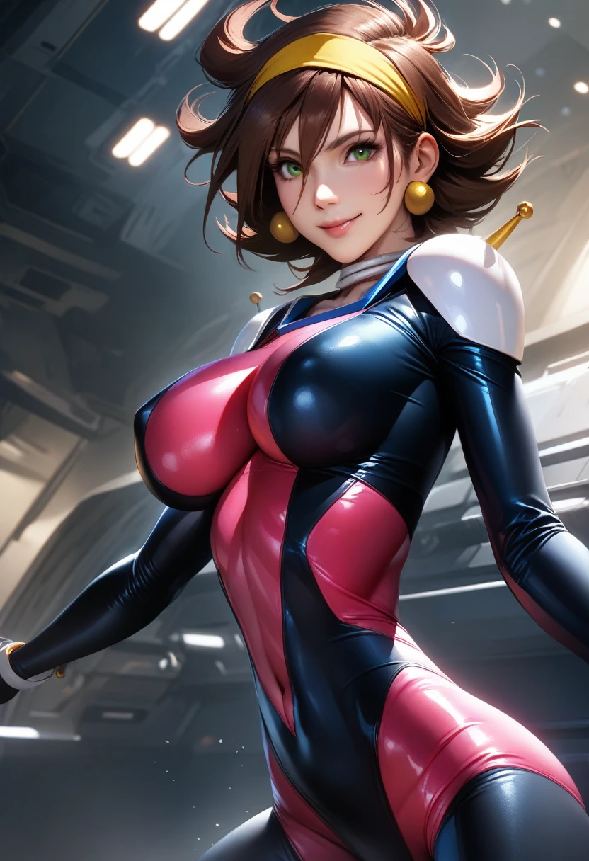 Rain Mikamura,Yellow headband,Perfect hands, Perfect Fingers,Perfect Anatomy, masterpiece, Highest quality,Realistic, hyperRealistic, 16k hdr,One girl, Large Breasts,Erect nipples,Brown Hair, Medium Hair,Green Eyes,Mobile Trace Suit, Shoulder Armor(,Pink and black bodysuit:1.1),Sexy pose, Upper Body, cockpit,From below,smile,From behind,Butt