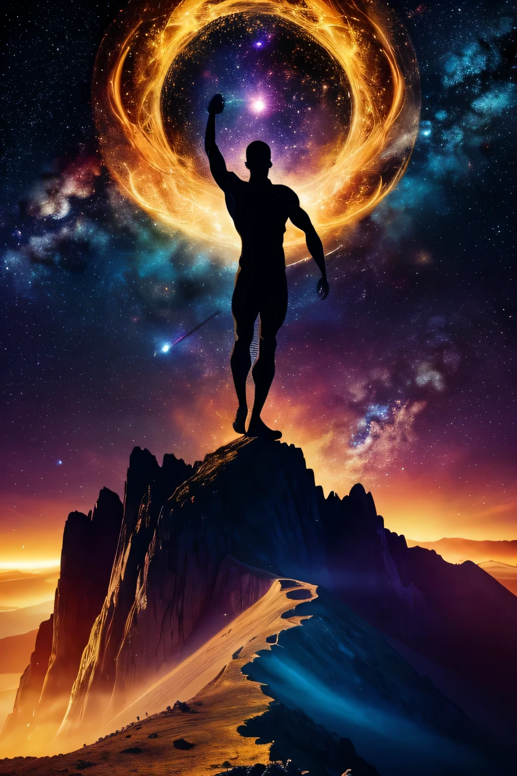 Front cover:
A figure stands atop a mountain peak, arms outstretched. The figure is composed of swirling golden light, suggesting transformation and ascension. The background shows a cosmic scene with stars, galaxies, and nebulae, implying vast potential and cosmic scale.