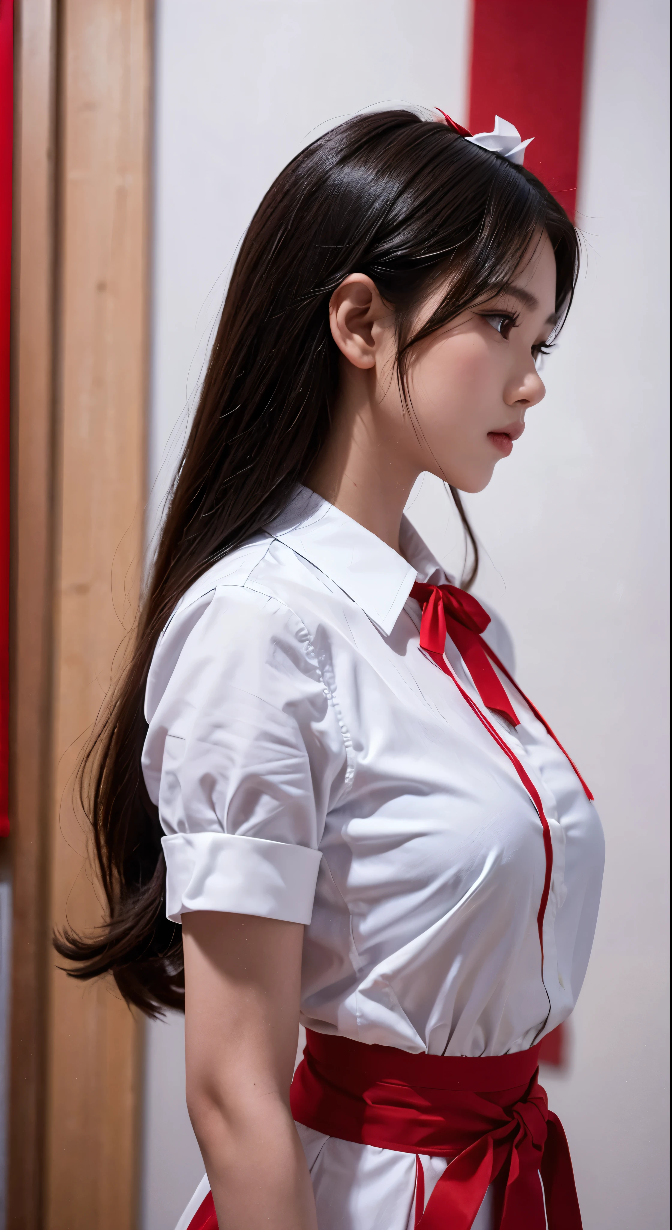 there is a woman in a white shirt with a red ribbon on her chest, nivanh chanthara, white ribbon, profile picture 1024px, only with red, thawan duchanee, red ribbon, wonderful masterpiece, jia, 18 years old, white red, peacefull, yuli ban, sakimi chan, wearing headmistress uniform
