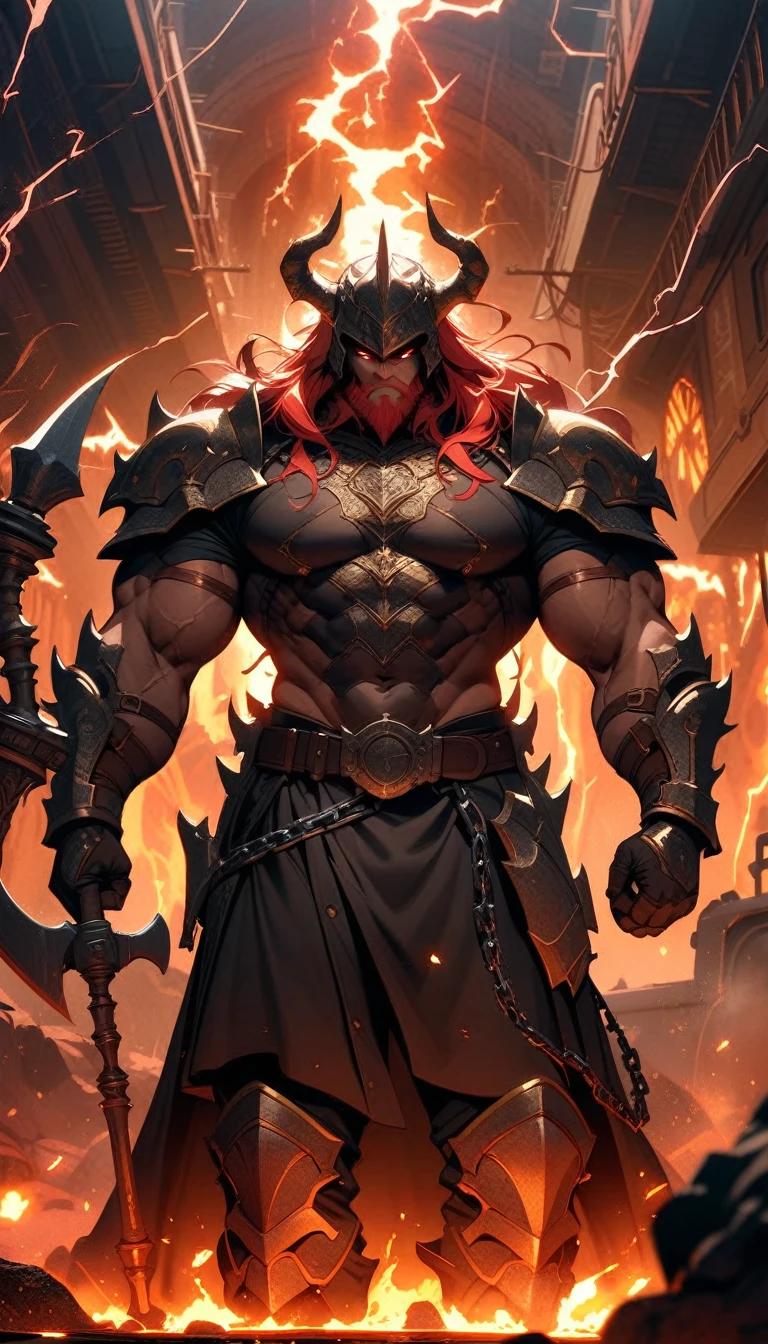 ((best quality)) , ((masterpiece)) , (detailed),axe, 1boy, male focus, horns, glowing eyes, holding, beard, glowing, solo, weapon, holding axe, facial hair, muscular, fire, holding weapon, chain, looking at viewer, long hair, lightning, muscular male, red hair, horned helmet, armor, helmet, belt, fake horns, molten rock, feet out of frame, standing, battle axe, electricity,(((train)))