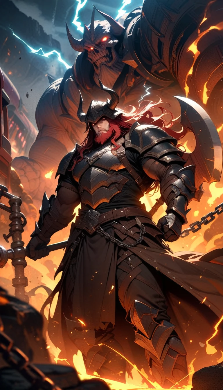 ((best quality)) , ((masterpiece)) , (detailed)，axe, 1boy, male focus, horns, glowing eyes, holding, beard, glowing, solo, weapon, holding axe, facial hair, muscular, fire, holding weapon, chain, looking at viewer, long hair, lightning, muscular male, red hair, horned helmet, armor, helmet, belt, fake horns, molten rock, feet out of frame, standing, battle axe, electricity,(((train)))