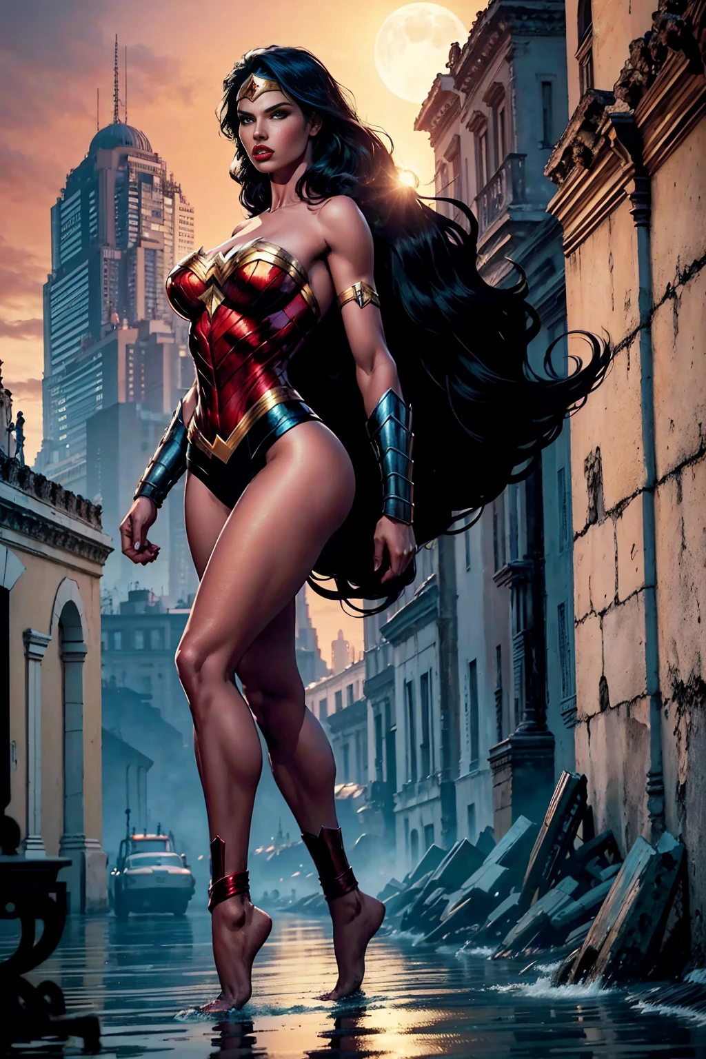 ((full body photo, standing, feet on the ground)) (Adriana Lima :1.1) red lips, green eyes in beautiful Havana Cuba ocean, fishnet pantyhose, ((full body photo, standing, feet on the ground )) Wonder Woman stands imposingly in a city on Themyscira. The moonlight highlights your muscles. The scenery is lush. The camera details everything, a warrior woman, In front of you.