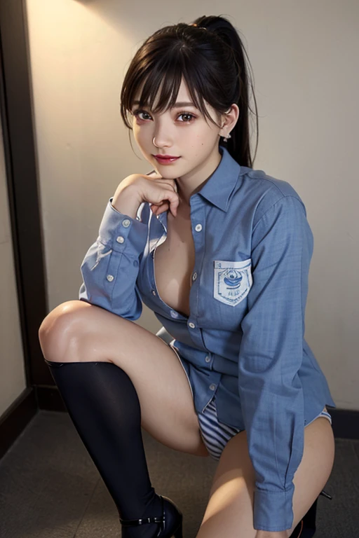 (((Unbuttoned shirt:1.65)))、(((Knee-high:1.35)))、(((Panties:1.35)))、(((High heels:1.35)))、(8K RAW Photos, Highest quality, masterpiece, Ultra-high resolution), (Realistic, photoRealistic: 1.37), (anatomically accurate and Realistic skin), Ultra-high resolution, Written boundary depth, Cinema Lighting, Film Grain, Very cute 18 year old girl, Cute Face, alone, Smiling with white teeth, small, Highly detailed eyes and hair, Beautiful and detailed skin, Attractive thighs, Dynamic Angle, ponytail, Brown Hair, Thick bangs, juicy thighs, Blue Ribbon, White blouse, tie, Blue blazer, Red pleated skirt with blue stripes, (Of high school:1.3), student, Urban, Cityscape, crowd