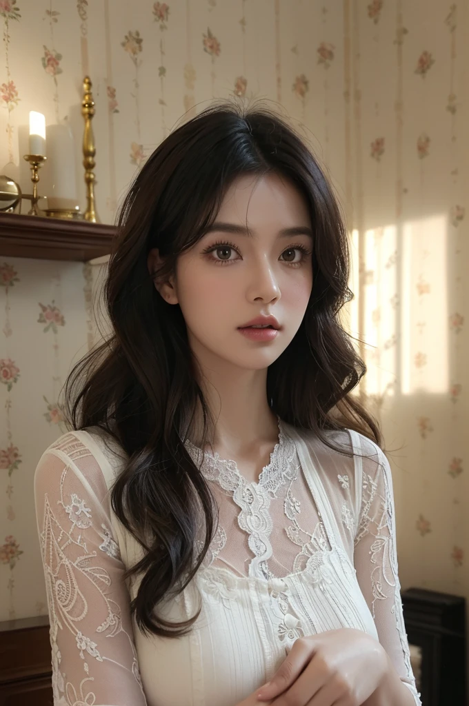 a stunningly realistic, high resolution 8K photo of a beautiful 30-year-old woman, ((messy side wave long hair)), and a glamorous figure, dramatic lighting, masterpiece, immersive atmosphere, chiaroscuro:(1.5, bright light:1.2, luminous lighting), (background blur:1.5), blurring, best quality, photorealistic, ultra-detailed, HDR, physically-based rendering, studio lighting, vivid colors, bokeh, (real skin texture:1.3), high contrast, (Fuji Color:1.5), Film grain, seductive detailed eyes and face, dynamic lighting, in the dark, deep shadow, low key, cowboy shot, Light on Face, very detailed lips, Detailed eyes, City Street,hyperdetailed face, very detailed lips, Detailed eyes, (Wear clothes that show the lines of your body),(Lace costumes:1.2), Retro atmosphere, perhaps vintage decor with pastel colors. An old living room with walls decorated with retro wallpaper, wooden furniture, vintage accessories. A warm and intimate atmosphere.