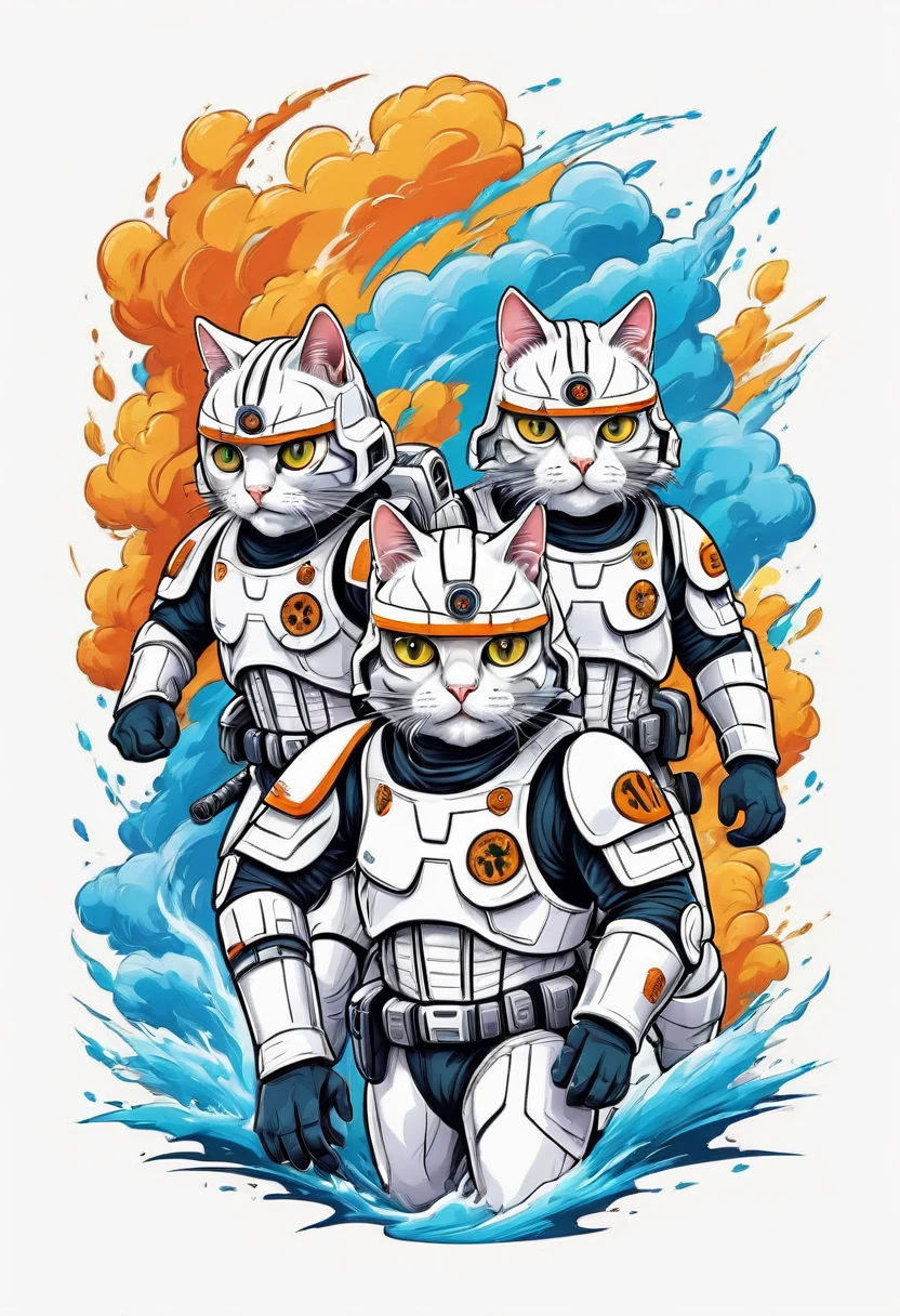 Design a group of Cats dressed as Storm Troppers members engaging in adorable adventures, vectorized contours, vivid color, splash of color, cute, illustrator, digitl art, image for t-shirt design, White background, ultra HD details, white background, tshirt design,