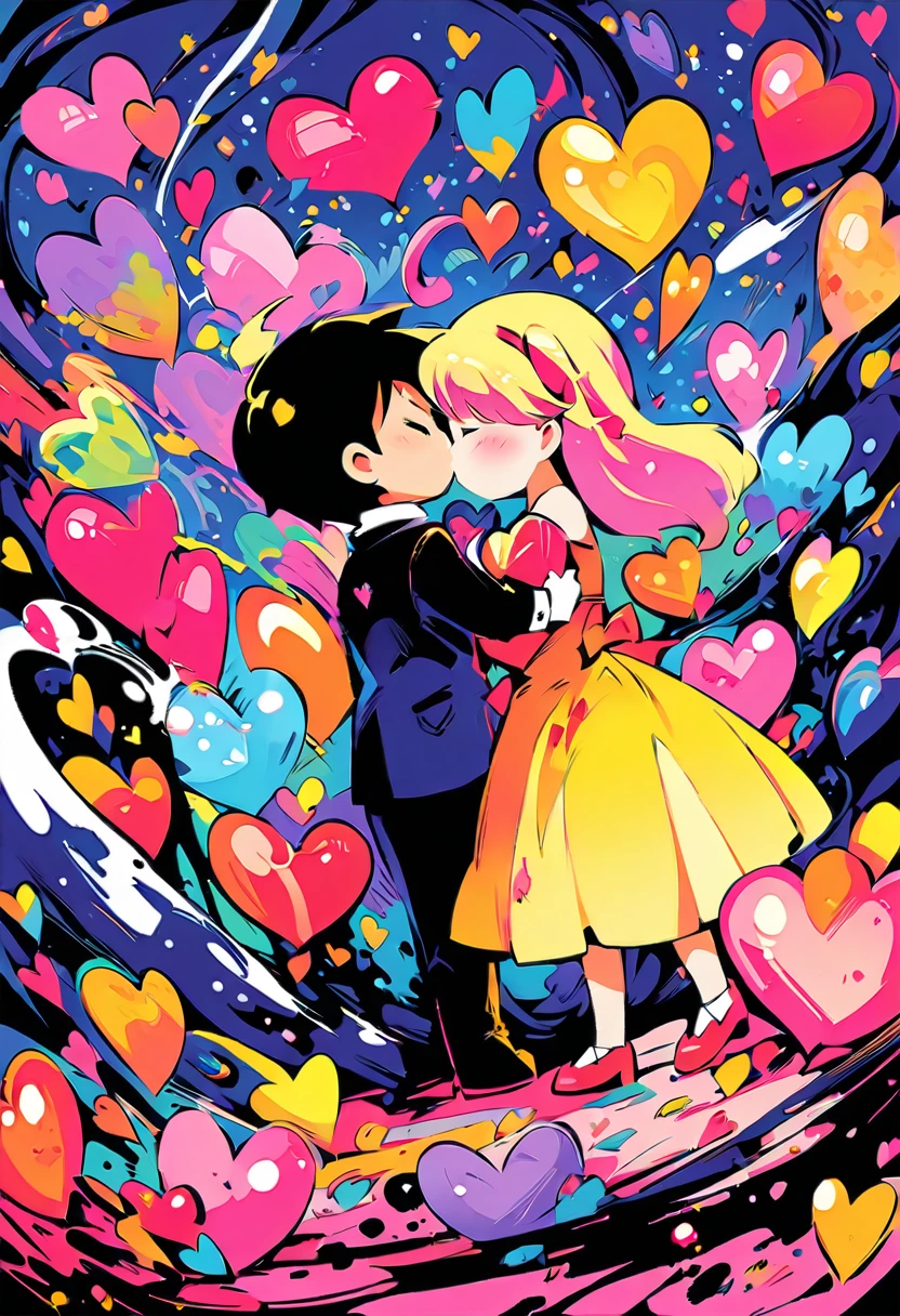 Ink Style, Cartoon style illustration of lovers kissing, Surrounded by Valentine&#39;s Day elements. The scene is vibrant、Filled with heart, Cupid&#39;s Arrow, Pink and red decoration. Both characters were exaggerated., Joyful expressions of affection, Close your eyes and share a blissful kiss. The background is decorated with symbols of romance., Roses etc., chocolate, 「Happy Valentine&#39;s Day」A banner with the words,&#39; Playful, Animation aesthetics, (Colors like Ghibli, Ultra-high resolution, masterpiece, Accurate, Anatomically correct, Textured skin, Super Detail, 8k)