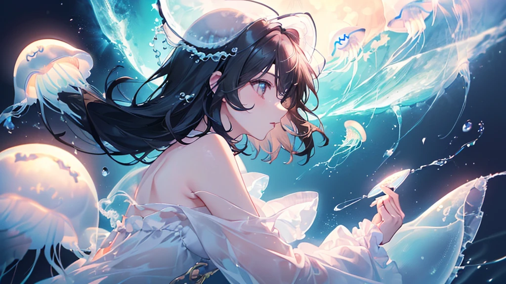 (((Highest quality、Cute moon jellyfish、masterpiece、Ultra-fine、Ultra-fine、Exquisite、16K、Black Hair、Full HD、Asahi、))) 、 ((((profile)))、