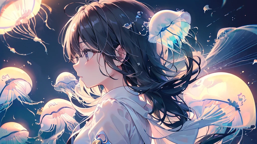 (((Highest quality、Cute moon jellyfish、masterpiece、Ultra-fine、Ultra-fine、Exquisite、16K、Black Hair、Full HD、Asahi、))) 、 ((((profile)))、