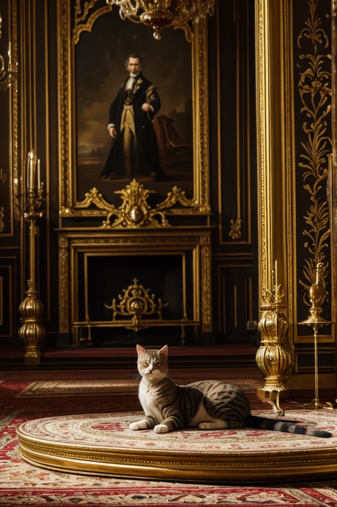 Cat posing aristocrat posing for a painting and surrounded by many shiny objects in a palace 