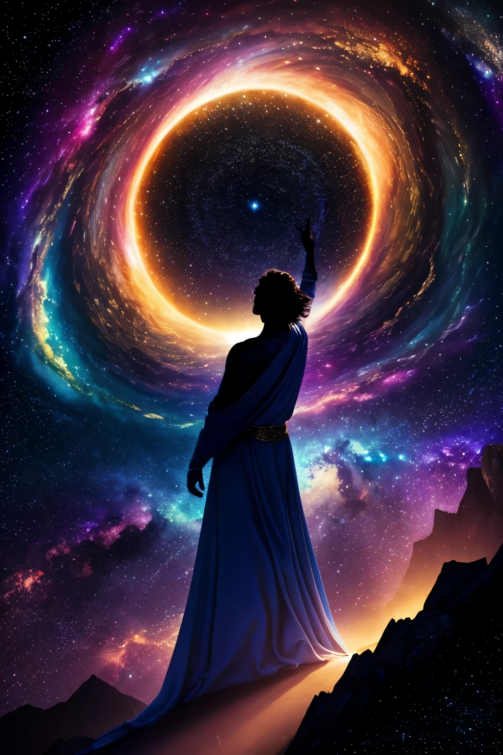 A figure stands atop a mountain peak, arms outstretched. The figure is composed of swirling golden light, suggesting transformation and ascension. The background shows a cosmic scene with stars, galaxies, and nebulae, implying vast potential and cosmic scale. Deep blues and purples for the cosmic background, with bursts of gold, white, and iridescent colors for the central figures and celestial elements.