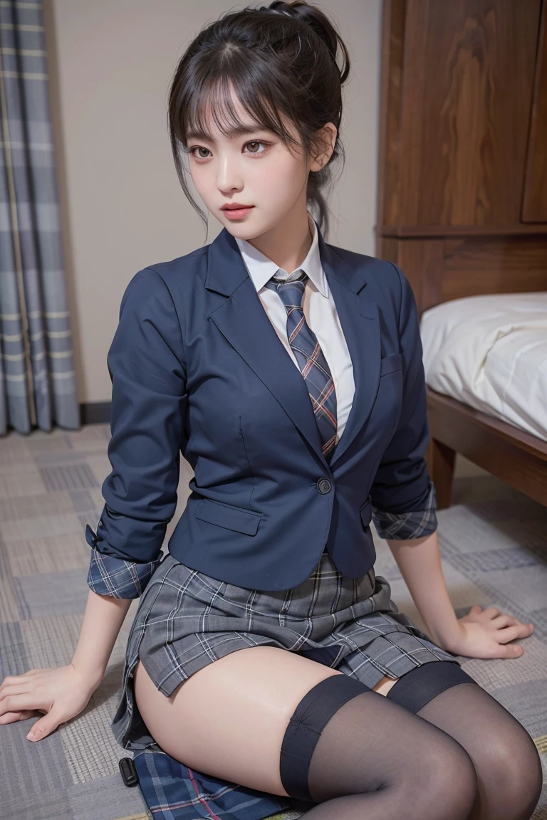 (8k), (best quality: 1.2), (realistic), (realistic: 1.37), ultra high resolution, (1 girl), cute, laugh, closed mouth, beautiful details, beautiful nose, ponytail, huge two cells, pork, thighs,Self Snap,College student ,(Simple navy blue blazer),pleated skirt,(The skirt and tie are in a gray tartan check pattern.....:1.3),(seat:1), sit on the floor,(hug your feet:1),(peach stockings:1.2),in front,knee,loafers