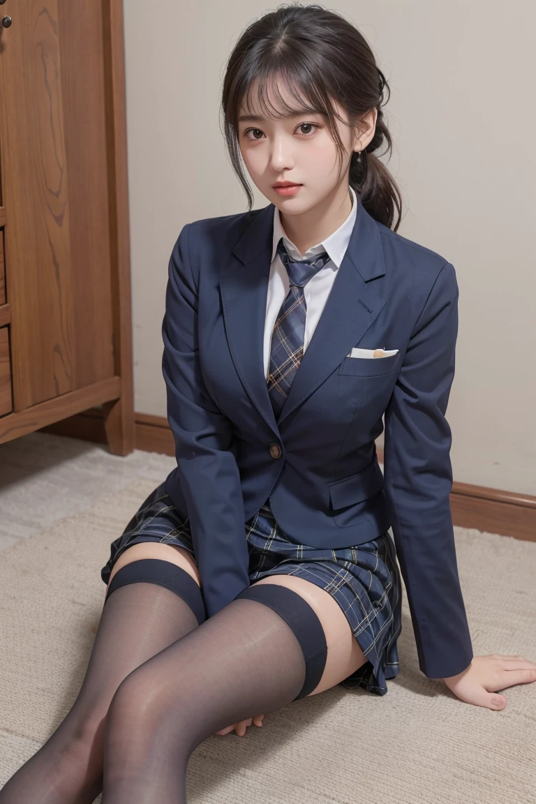 (8k), (best quality: 1.2), (realistic), (realistic: 1.37), ultra high resolution, (1 girl), cute, blush,embarrassed smile, beautiful details, beautiful nose, wet hair, huge two cells, pork, thighs，Self Snap,college ,(Simple navy blue blazer:1.4),(pleated skirt:1.2),(The skirt and tie are in a gray tartan check pattern..:1.3),(seat:1), sit on the floor,(hold my feet:1),(shiny pantyhose:1.2),in front,knee