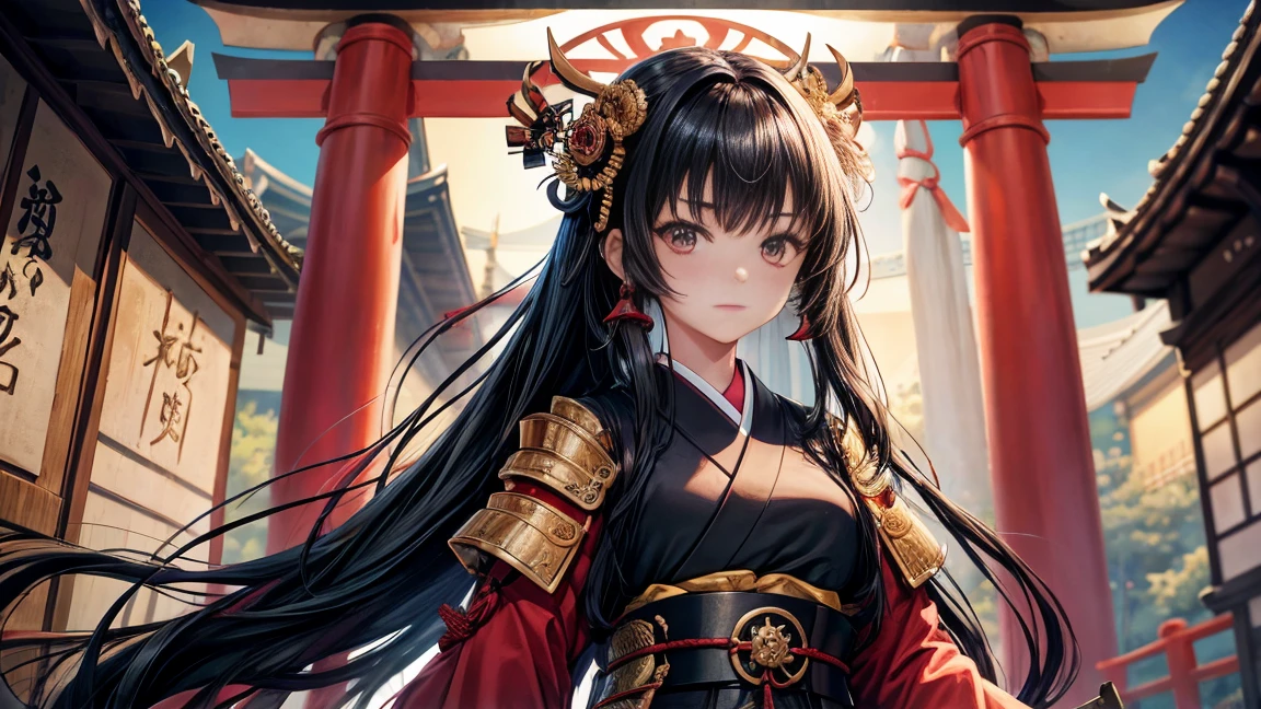 18-year-old girl、Black hair that grows to the waist、Japanese Armor、Japanese clothing、Serious expression、Holding a naginata、Daytime forest、Large Torii Gate