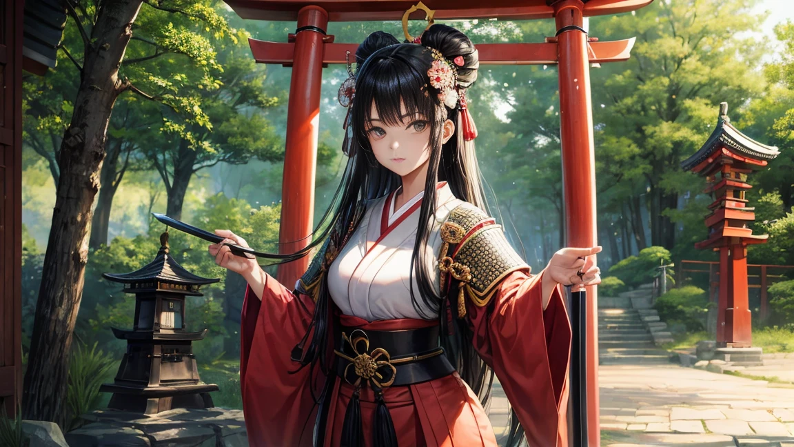 18-year-old girl、Black hair that grows to the waist、Japanese Armor、Japanese clothing、Serious expression、Holding a naginata、Daytime forest、Large Torii Gate