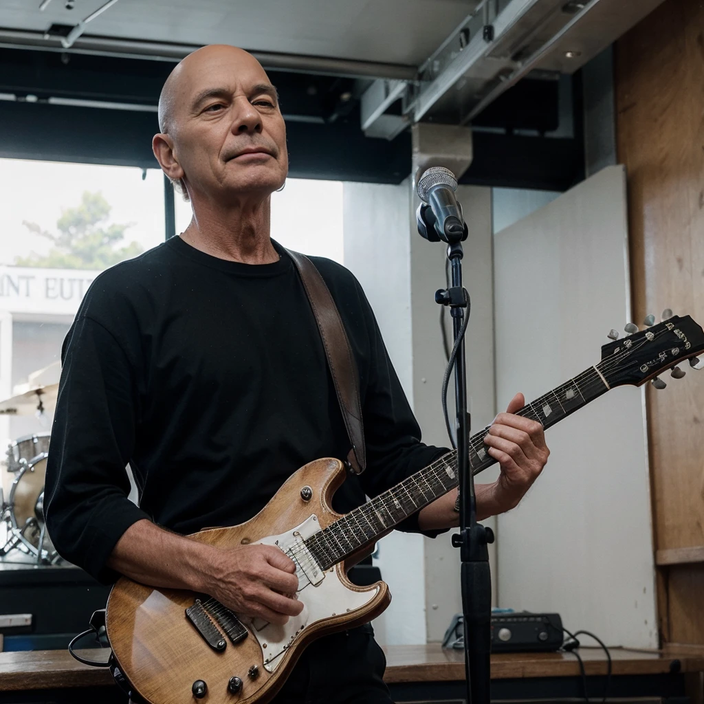 A 65-year-old bald rock guitarist on a bar stage playing rock music